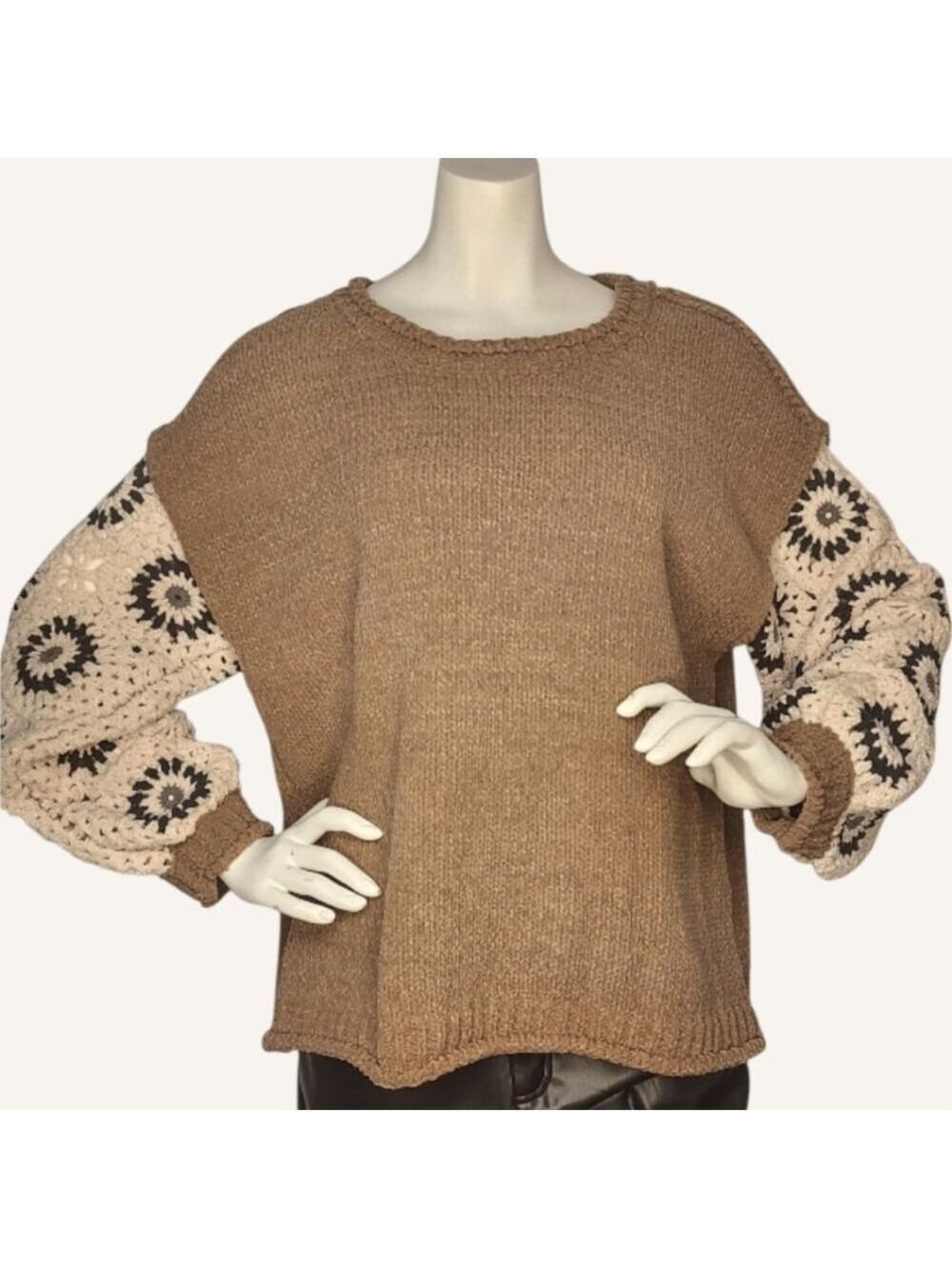 NWT POL Granny Square Crochet Sleeve Sweater Boho Statement Knit Cozy Medium